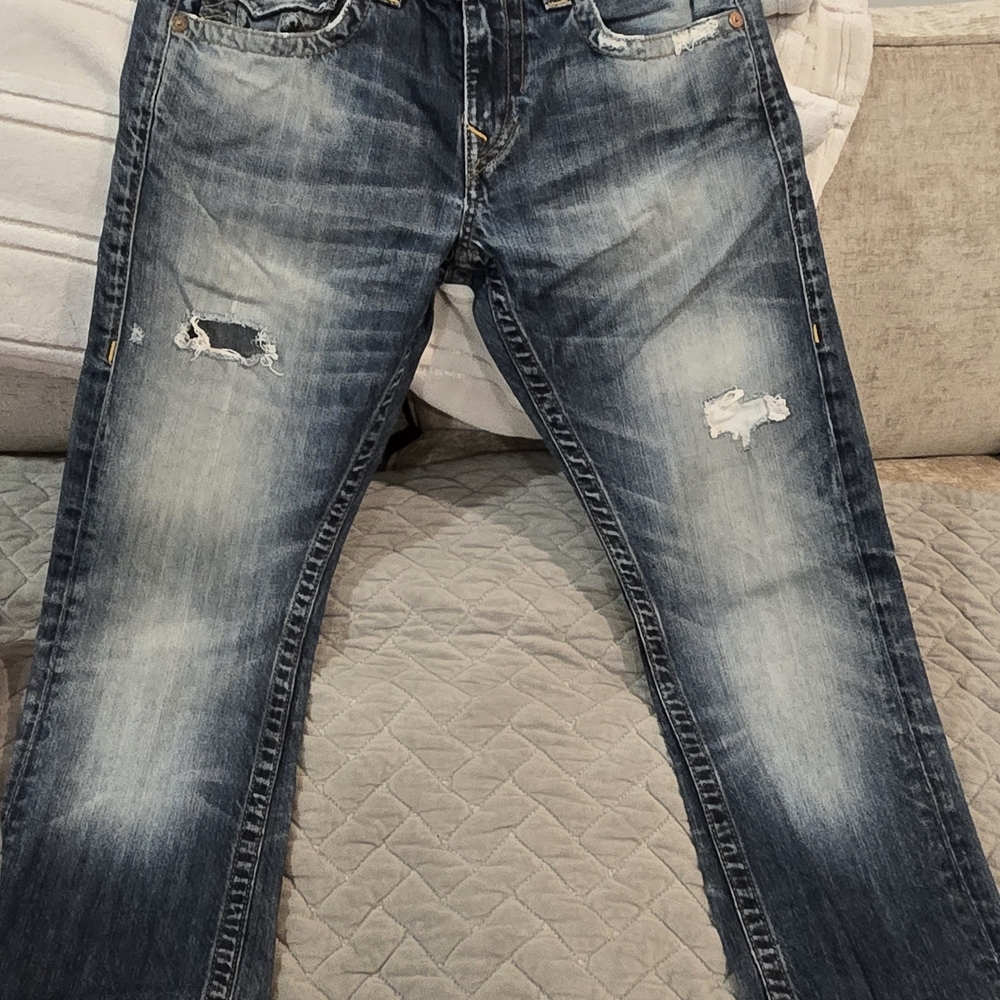 True Religion Men's Relaxed Distressed Dark Blue Jeans